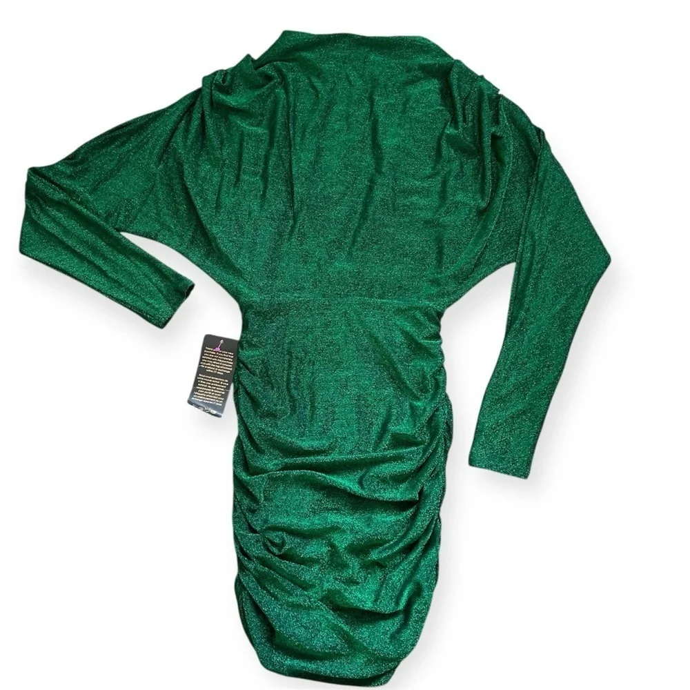 Bebe green long sleeve sparkly ruched mini dress women’s size small - Picture 3 of 12